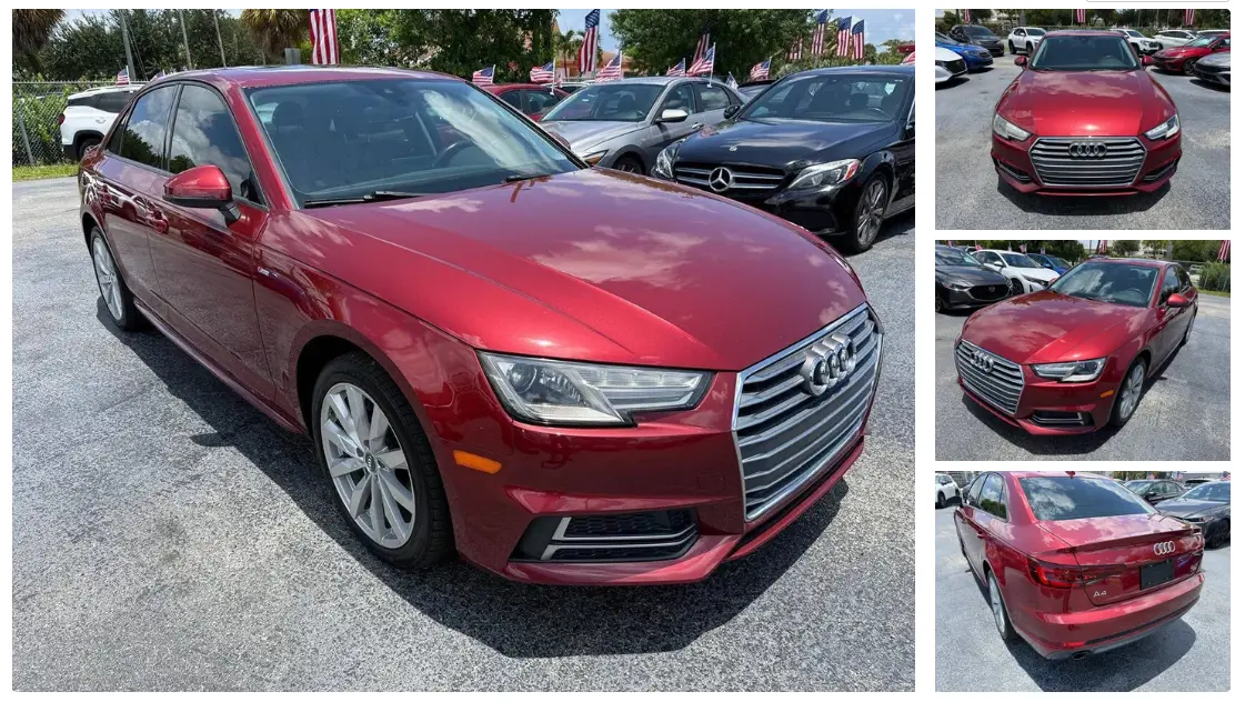 Pre-owned red Audi luxury sedan for sale at Modern Auto Sales in Hollywood, FL.