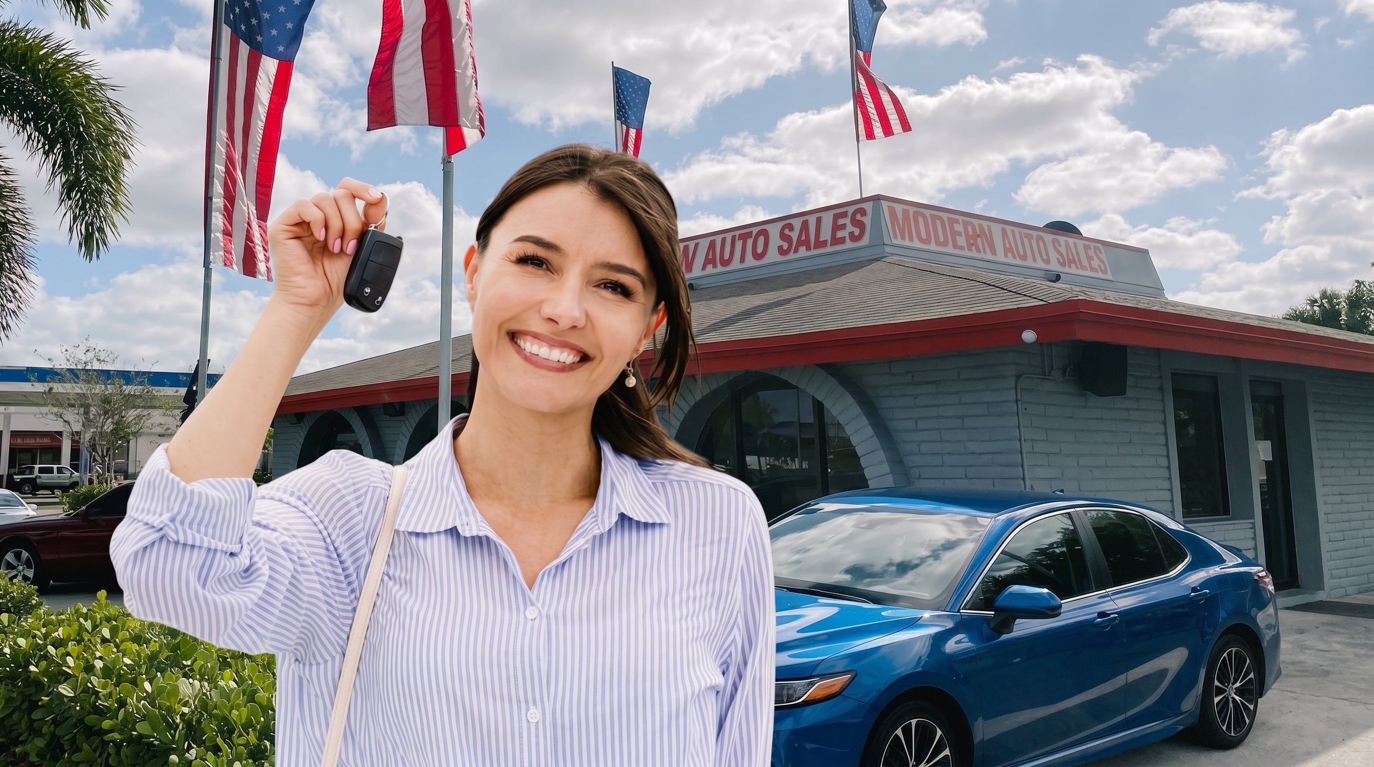 Customer holding car keys with a blue Toyota Camry at Modern Auto Sales dealership lot in Hollywood, FL.