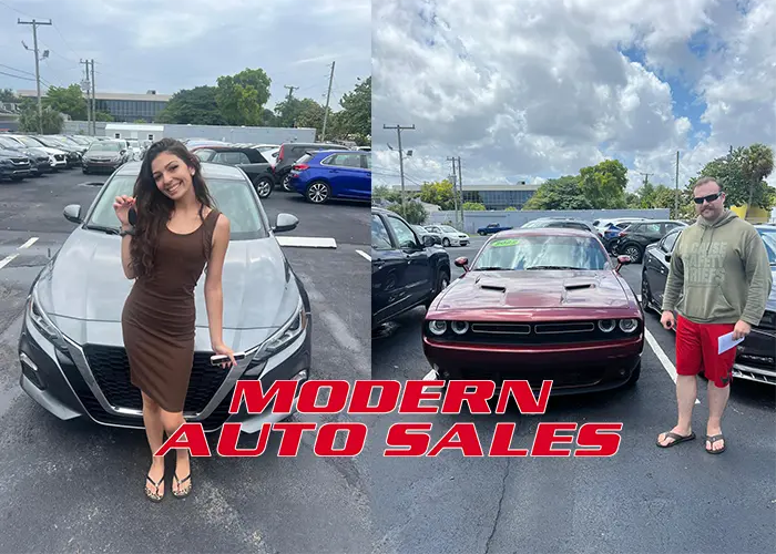 Happy customers posing with their new vehicles at Modern Auto Sales dealership in Hollywood, FL.
